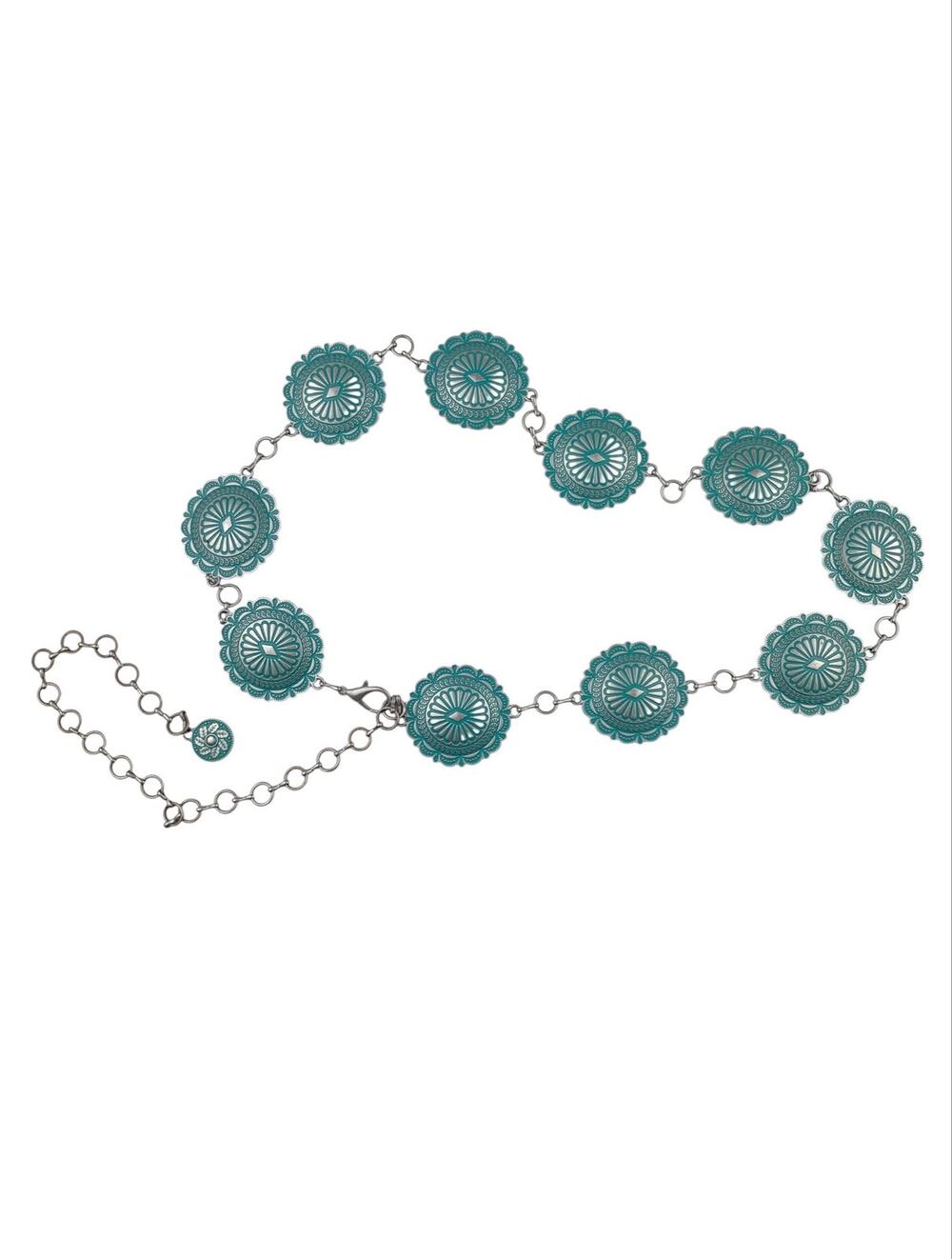 Western Style Silver Turquoise Metal Concho Chain Belt Women's One Size 38-52.5"